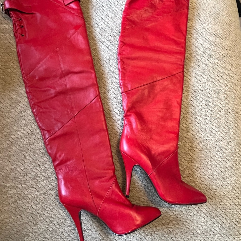 Red knee high leather heel boots